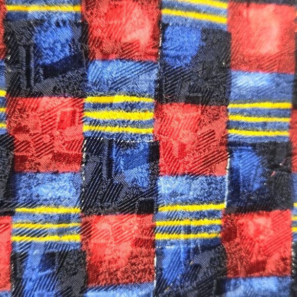 Murano 100% Silk Men's Tie Red & Blue Squares Gold Accent Stripes - Picture 3 of 6